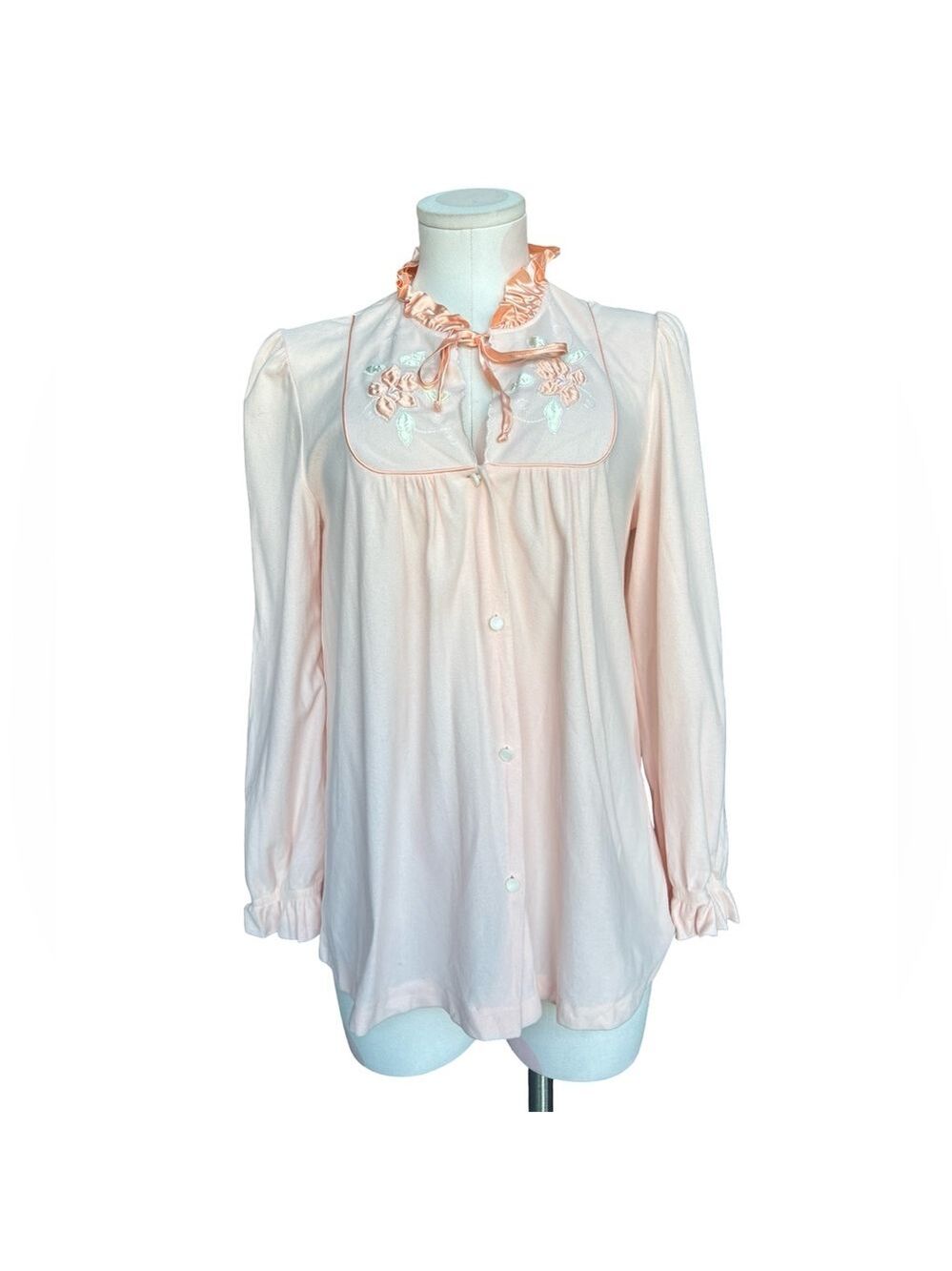 Vintage Sears PJ Top – Peach – floral embroidery- ruffle collar / 36/Small